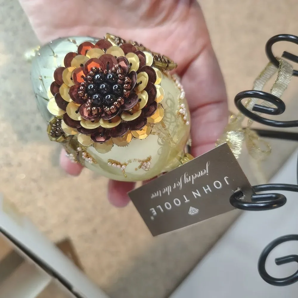 John Toole Elegant Gold and Cream Glass Floral Holiday Hanging Ornaments